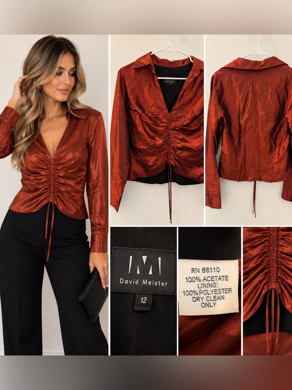 David Meister Vintage Y2K Rust Satin Ruched Blouse Top Size 12